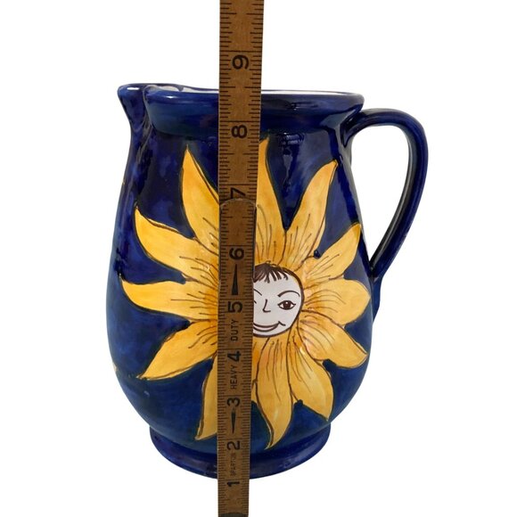Celestial Sun Face Moon And Stars Blue & Yellow Pottery Pitcher Vase - Picture 6 of 7
